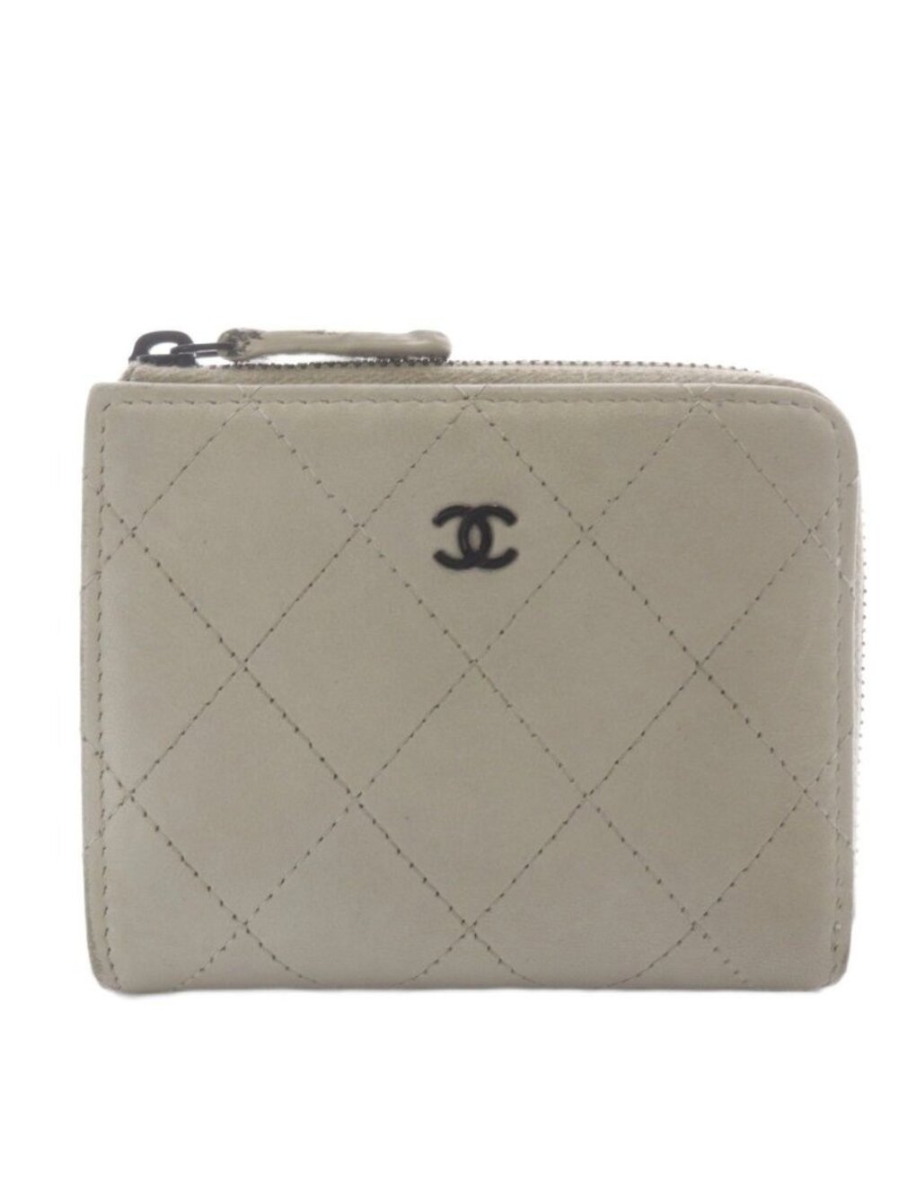 Chanel Quilted CC Logo Mini Wallet L Zip Caviar Leather Light Gray
